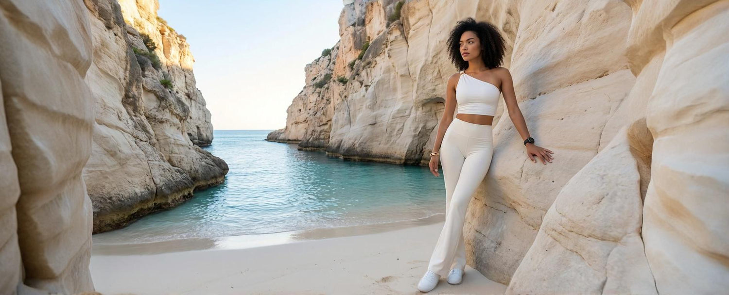 Une jeune femme aux cheveux bouclés porte une tenue d'activewear immaculée composée d'une brassière à une seule épaule et d'un pantalon flare. Elle est appuyée contre une paroi rocheuse claire dans une crique sauvage aux eaux cristallines, illustrant un style de vie axé sur le bien-être et l'élégance naturelle.