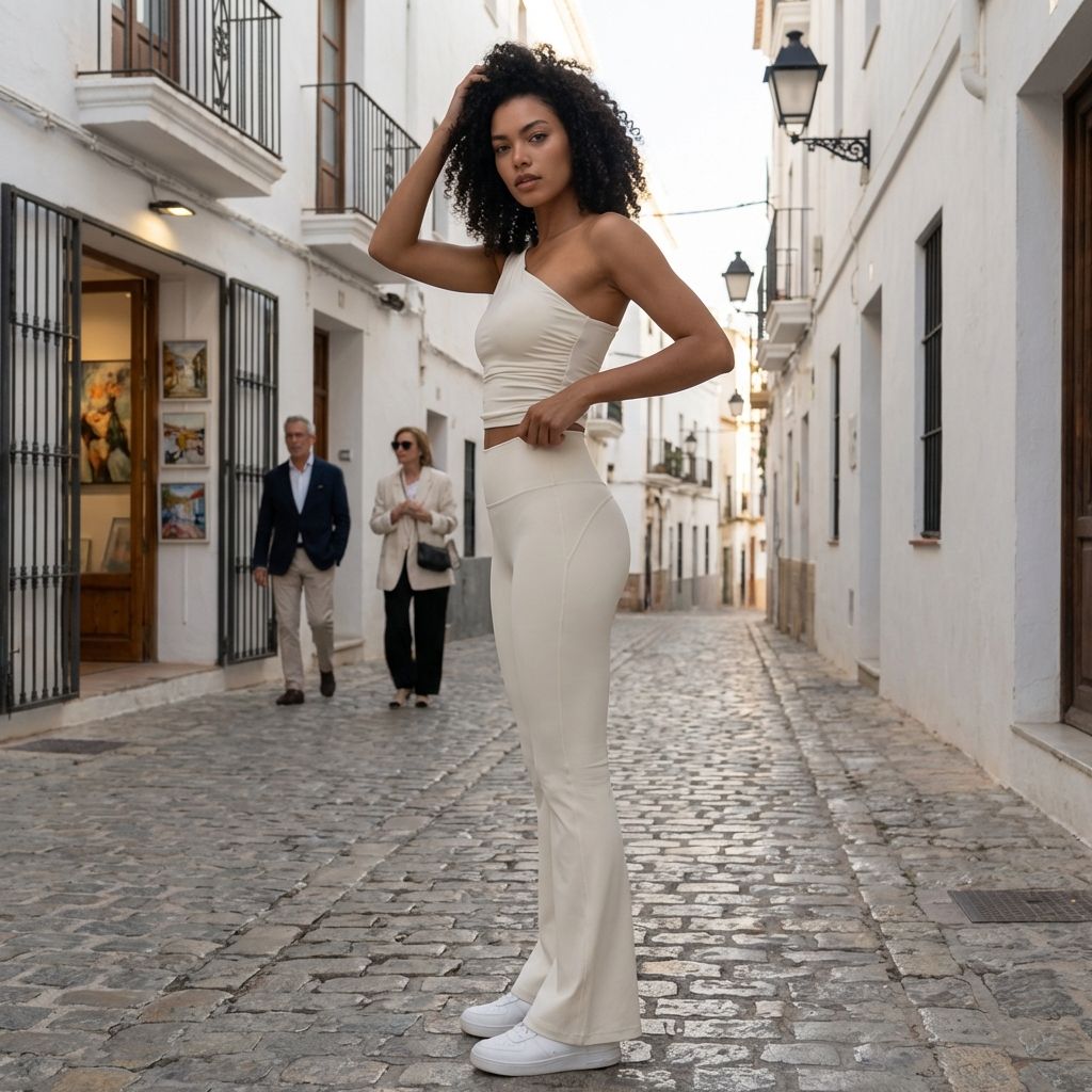 Une jeune femme à la chevelure bouclée porte un ensemble de sport élégant composé d'un legging évasé taille haute et d'un haut à une épaule de couleur blanc cassé. Elle se tient debout sur un chemin pavé bordé de maisons blanches typiquement méditerranéennes sous une lumière naturelle douce, créant une ambiance lifestyle et moderne.