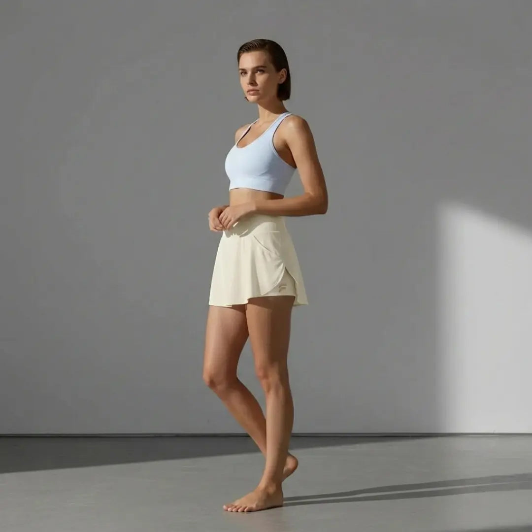 Photographie d'un mannequin femme de profil portant la jupe-short de sport Alma en coloris crème de chez Fyness, associée à une brassière de sport bleu clair. Elle se tient pieds nus sur un sol gris devant un mur neutre avec un jeu d'ombres géométriques. La jupe présente une coupe fluide avec short intégré pour une liberté de mouvement optimale.