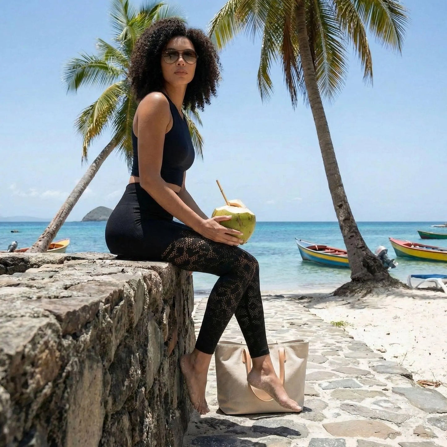 Une femme à la chevelure bouclée et lunettes de soleil pose sur un muret en pierre face à une plage paradisiaque. Elle porte un ensemble de sport noir comprenant le legging galbant Kaia, agrémenté de motifs en dentelle sur les jambes, tout en tenant une noix de coco.