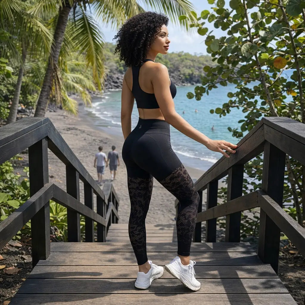 Une femme athlétique aux cheveux bouclés pose sur un escalier en bois sombre face à une plage tropicale. Elle porte un ensemble de sport noir comprenant une brassière et un legging galbant Kaia orné de motifs en dentelle ajourée, complété par des baskets blanches.
