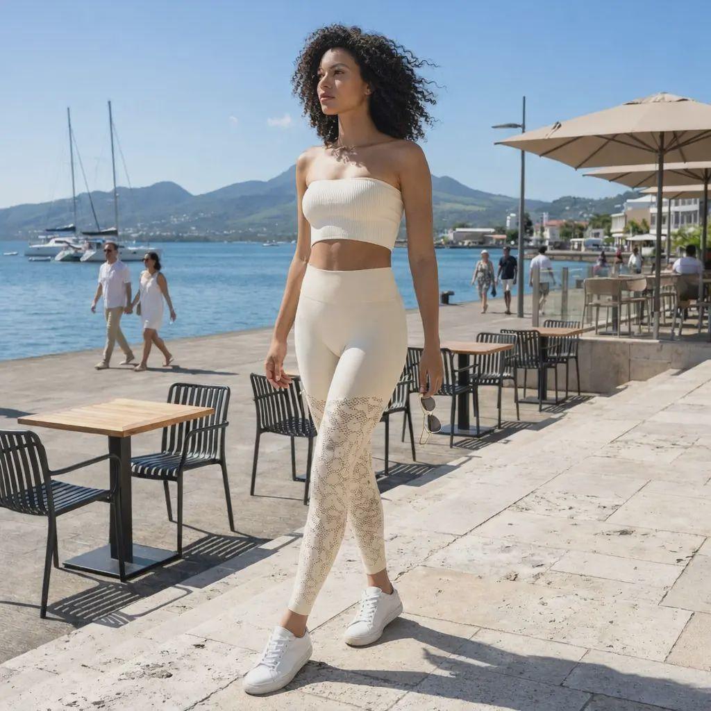Une femme aux cheveux bouclés marche sur une promenade en bord de mer, vêtue d'un ensemble de sport crème comprenant un bandeau côtelé et un legging galbant à motifs découpés au laser. L'arrière-plan présente un port avec des voiliers, des montagnes lointaines et une terrasse de café ombragée par des parasols.