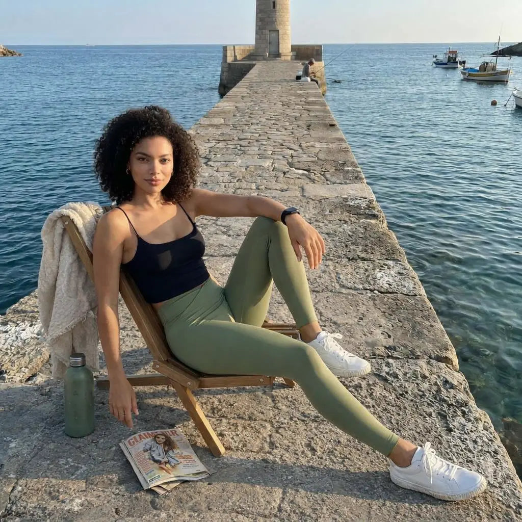 Une jeune femme pose avec élégance sur une jetée maritime en pierre au coucher du soleil, portant le legging Elia vert sauge de Fyness Inc. L'arrière-plan révèle une mer calme, un phare historique et des barques de pêche, soulignant un style de vie actif et raffiné.