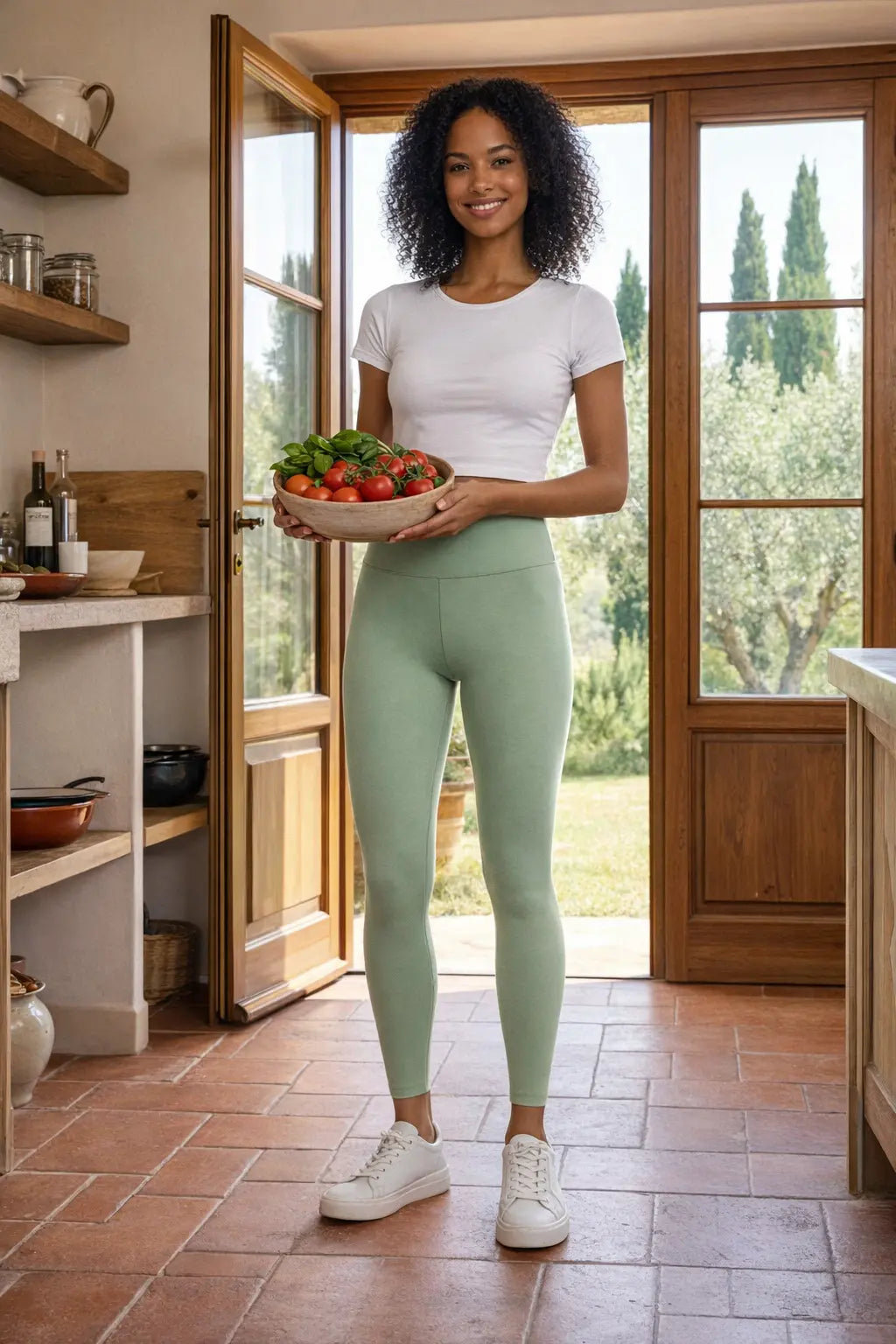 Une jeune femme aux cheveux bouclés pose dans une cuisine rustique, vêtue d'un legging push up femme vert sauge et d'un crop top blanc. Elle tient un bol en bois rempli de tomates fraîches devant une porte ouverte offrant une vue sur un paysage méditerranéen ensoleillé.