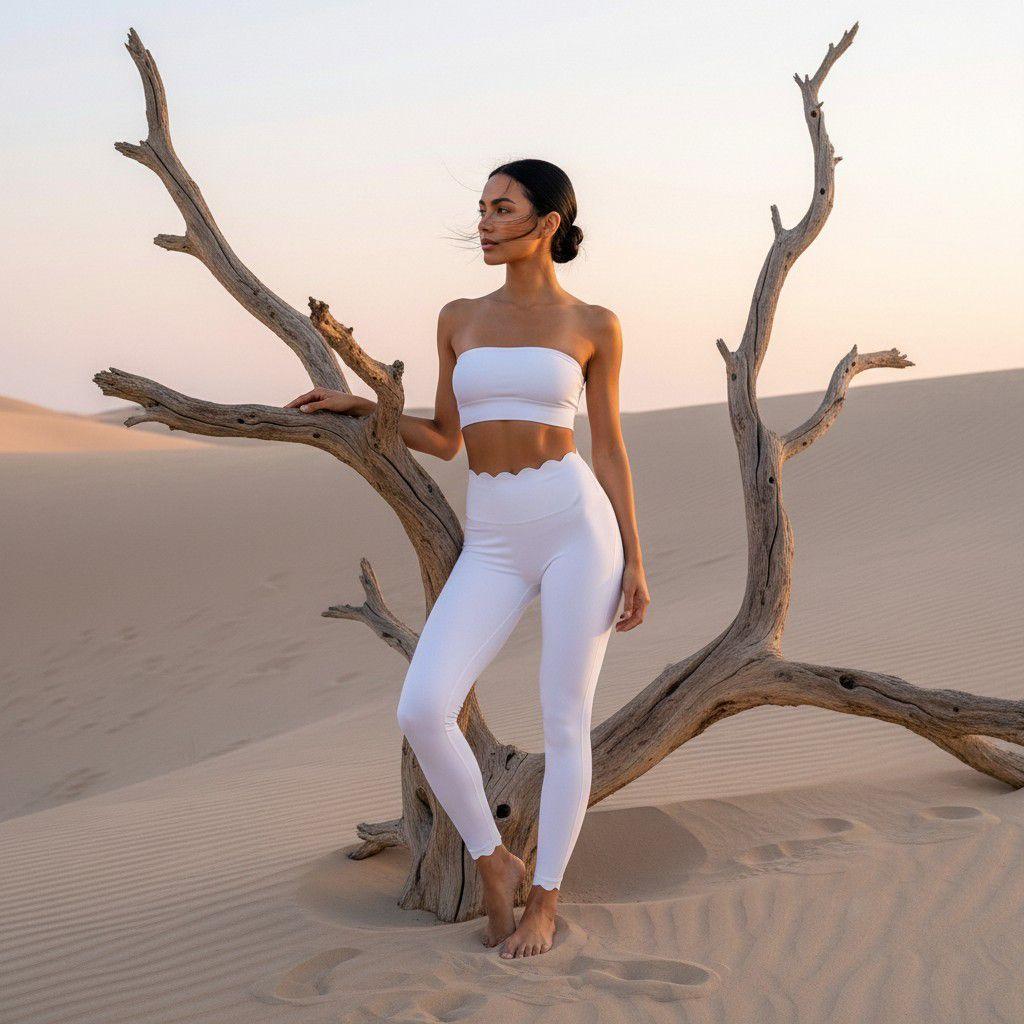 Cette image met en avant une femme arborant une tenue de sport minimaliste blanche, composée d'un haut bustier et d'un legging de yoga aux finitions festonnées. Elle pose avec élégance contre un arbre sec au milieu de dunes de sable infinies, sous une lumière douce de fin de journée.