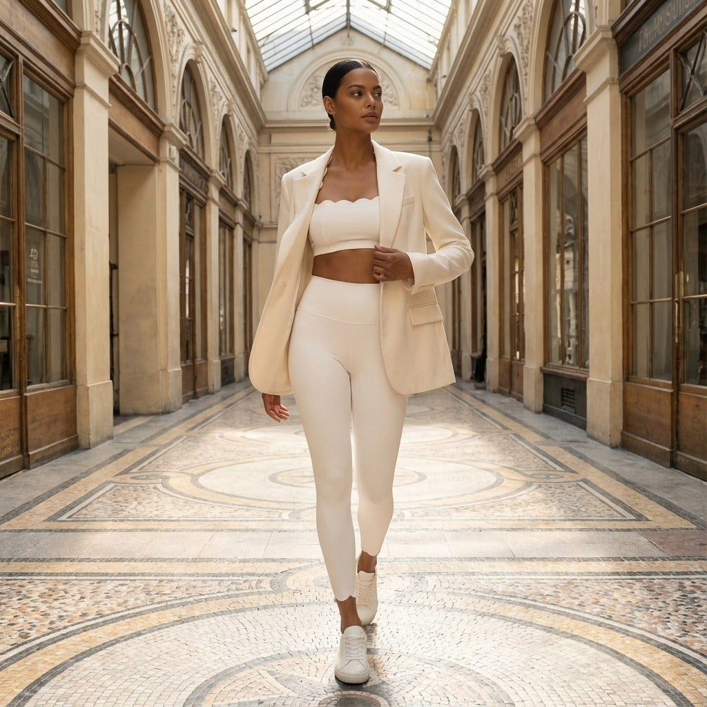 Une femme déambule dans un passage couvert élégant, arborant un look monochrome blanc cassé qui fusionne le tailleur classique et le sportswear. La composition centrée utilise les lignes de fuite de l'architecture et du sol en mosaïque pour mettre en valeur la texture du blazer structuré et les détails festonnés du legging.