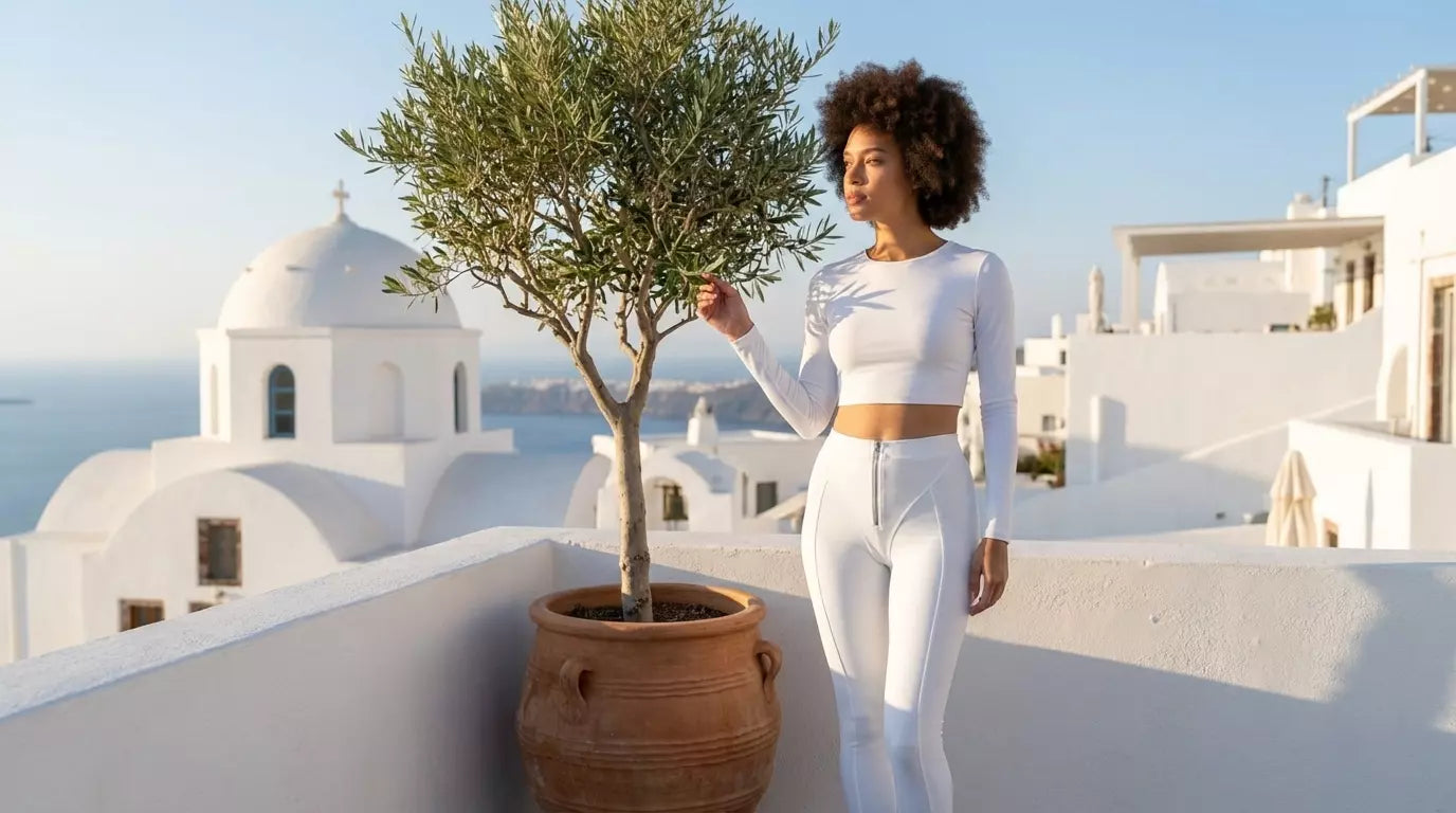Une femme à la chevelure afro naturelle pose sur une terrasse ensoleillée à Santorin, portant un ensemble de sport blanc élégant. Elle se tient à côté d'un petit olivier en pot, avec l'architecture cycladique emblématique et un dôme d'église en arrière-plan sous un ciel clair.