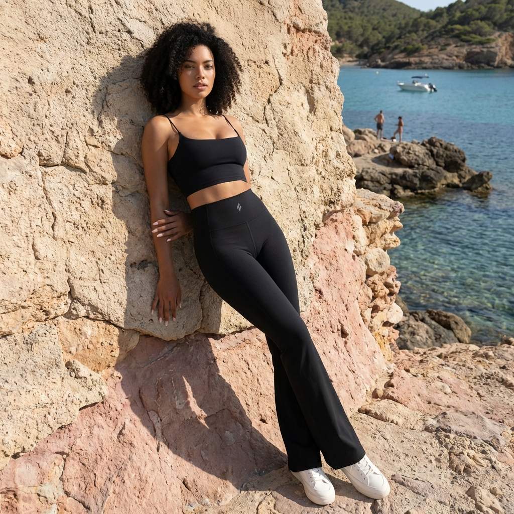 Une jeune femme aux cheveux bouclés pose avec élégance contre une paroi rocheuse ensoleillée. Elle porte un ensemble de sport noir composé d'une brassière à fines bretelles et d'un legging évasé (flare) taille haute, associé à des baskets blanches. En arrière-plan, on aperçoit une crique aux eaux cristallines et un littoral méditerranéen.