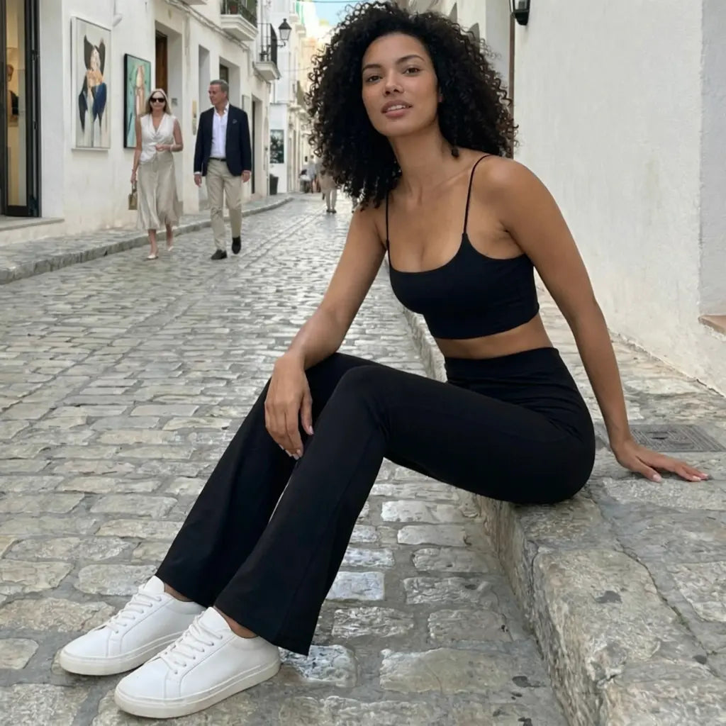 Une jeune femme pose avec assurance dans une ruelle pittoresque aux murs blancs et au sol pavé. Elle porte un ensemble coordonné noir composé d'un haut court à fines bretelles et d'un legging évasé, complété par des baskets blanches propres pour un look athleisure moderne.